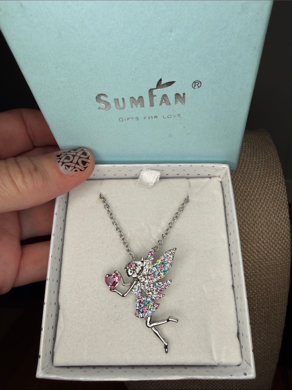 Multicolor Fairy Pendant Necklace with Pink Heart in box